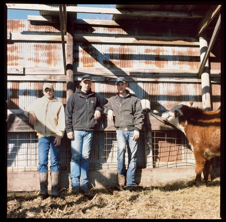 Tony, Roger, and Ben Friederichs pose in their pasture near Walcott, Iowa. Tony, a high school senior, is considering joining the military, while Ben is a student at Iowa State University.